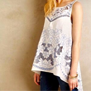Anthropologie White Linen Floral Cutwork Tank Top